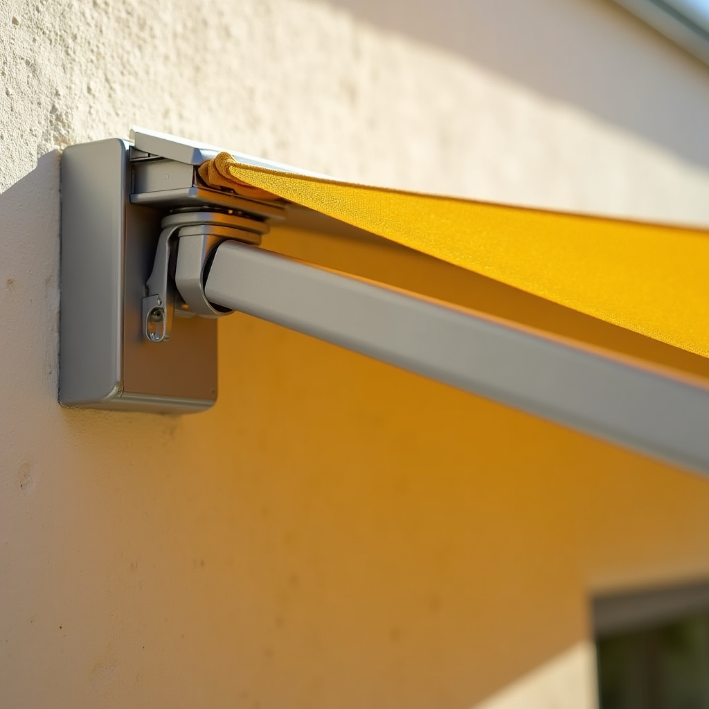 Detailansicht einer Gelenkarmmarkise mit Kassette