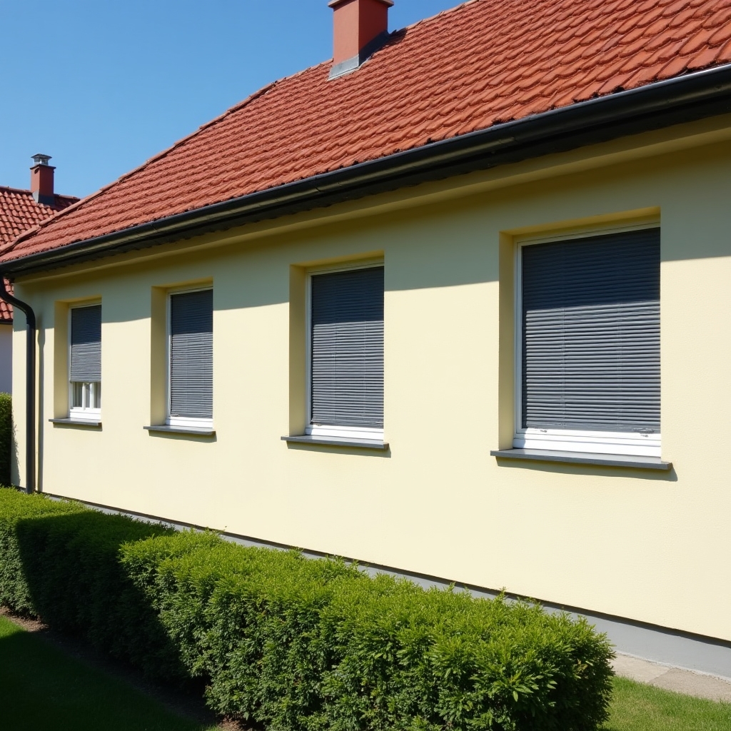 Außenjalousie an einem Einfamilienhaus mit Ziegeldach