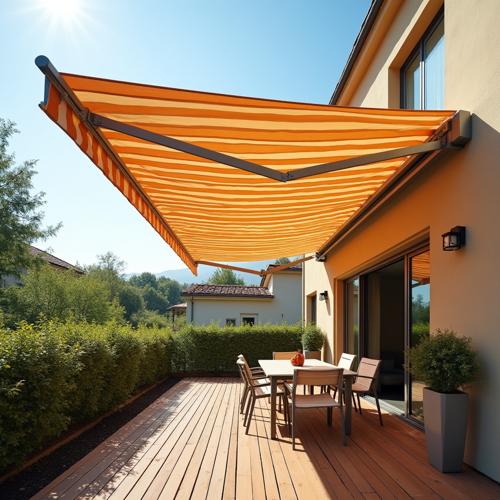 Elektrische Markise an einer Terrasse eines Wohnhauses montiert