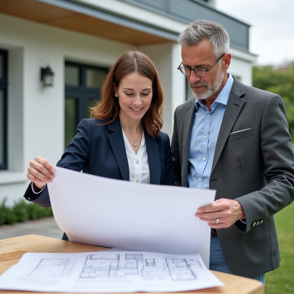 Team bespricht Montageplan für eine Markisenanlage am Bauplan