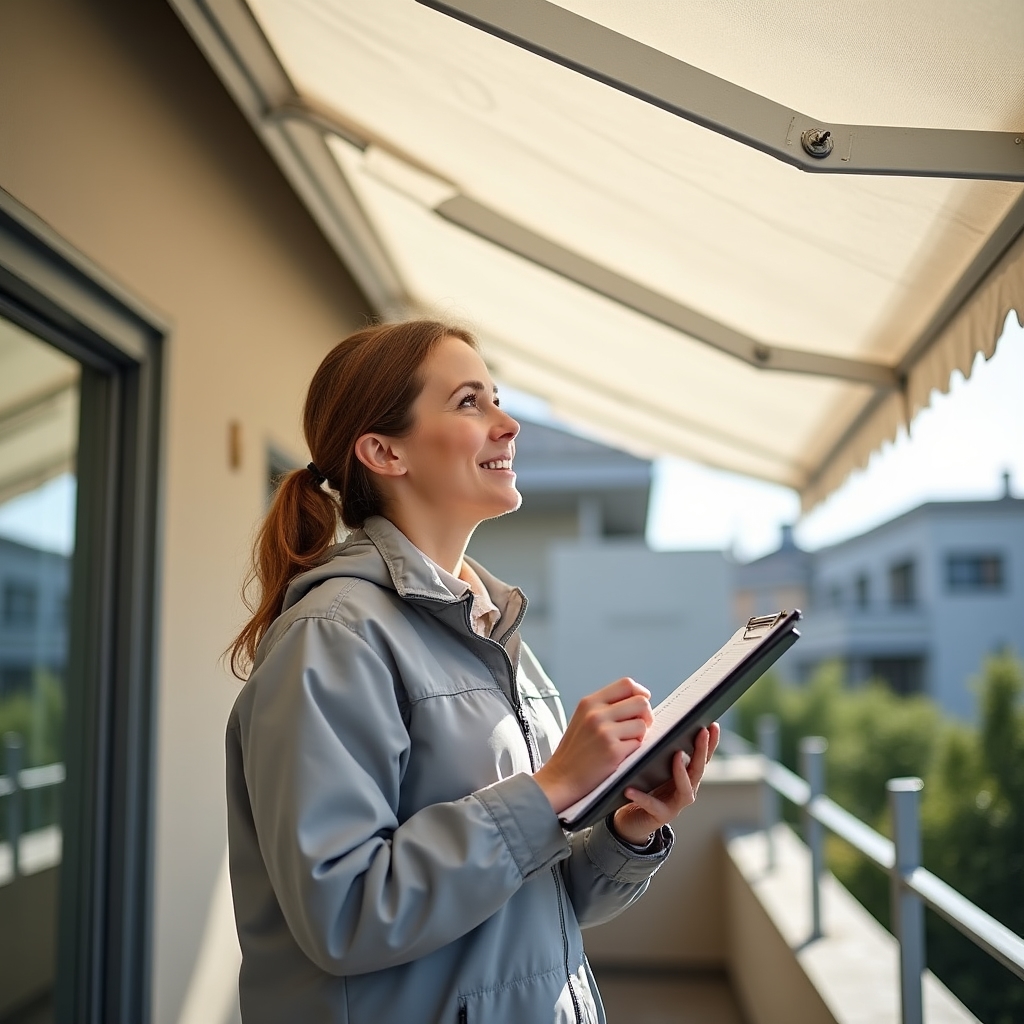 Techniker mit Checkliste bei der jährlichen Inspektion einer Sonnenschutzanlage